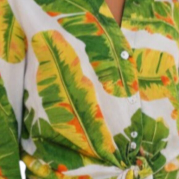 CYNTHIA ROWLEY ( MED) Hawaiian/Tropical Long Sleeve Linen Blend Waist Tie Blouse - Picture 5 of 7